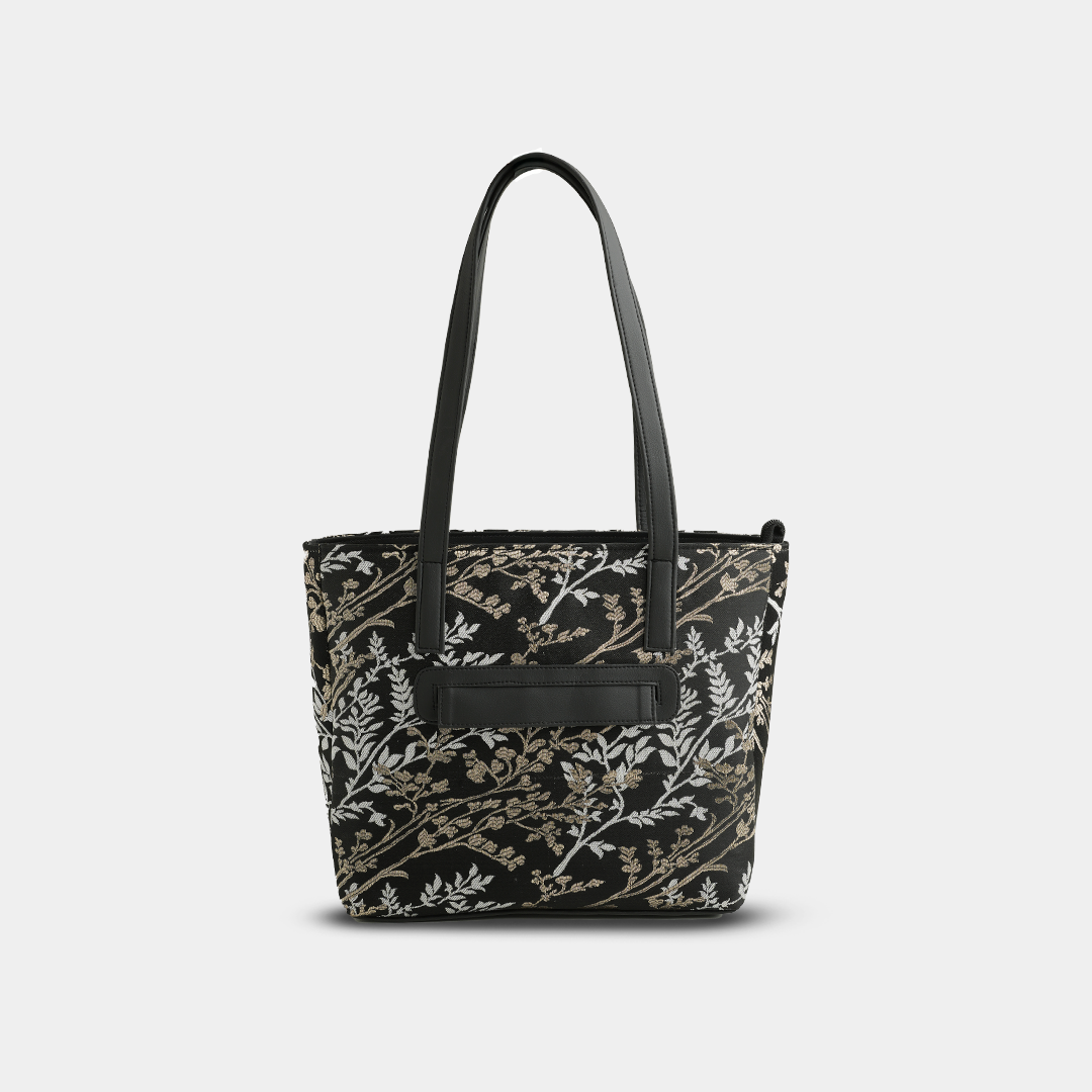 Black Floral Embroidered Tote Bag – Elegant Casual Handbag