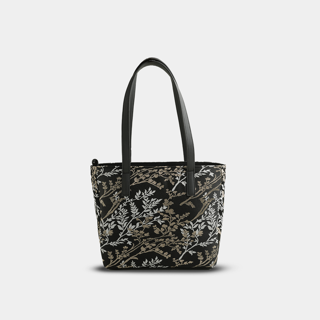 Black Floral Embroidered Tote Bag – Elegant Casual Handbag