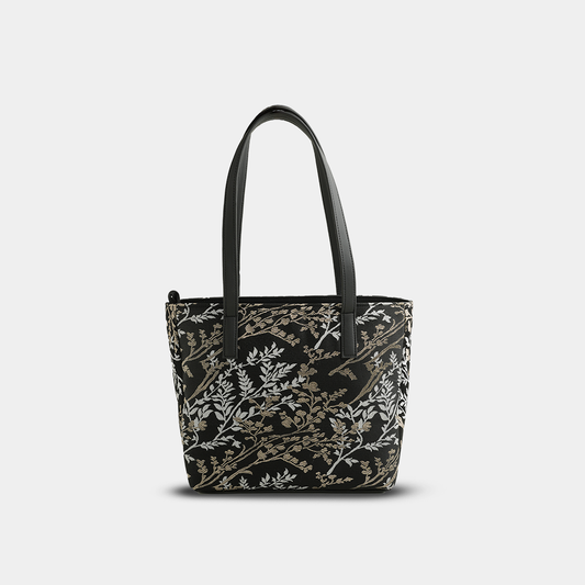 Black Floral Embroidered Tote Bag – Elegant Casual Handbag
